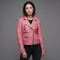 Blush Pink Studded Genuine Leather Biker Jacket for Women