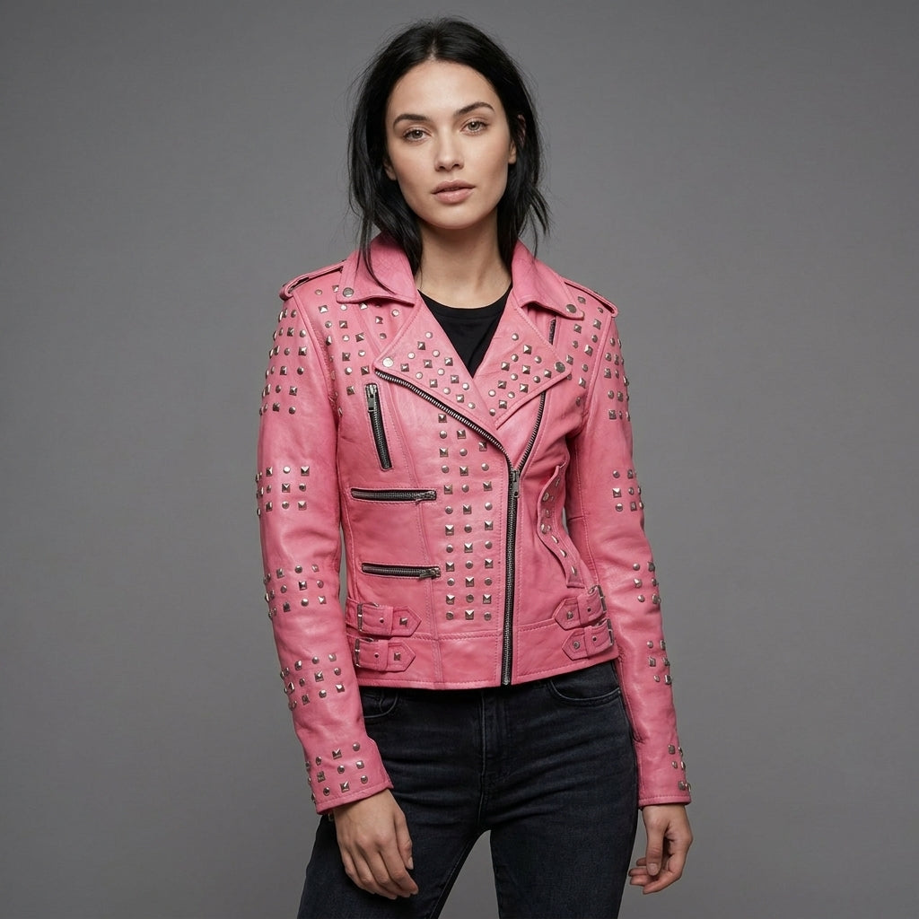 Blush Pink Studded Genuine Leather Biker Jacket for Women