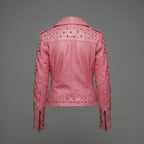 Blush Pink Studded Genuine Leather Biker Jacket for Women
