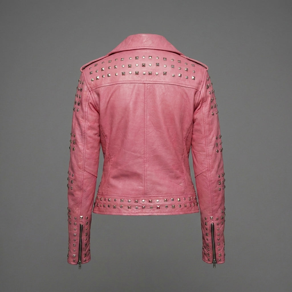 Blush Pink Studded Genuine Leather Biker Jacket for Women