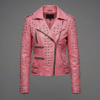 Blush Pink Studded Genuine Leather Biker Jacket for Women