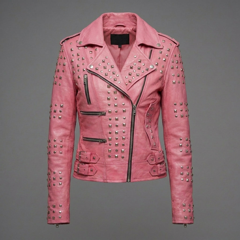 Blush Pink Studded Genuine Leather Biker Jacket for Women