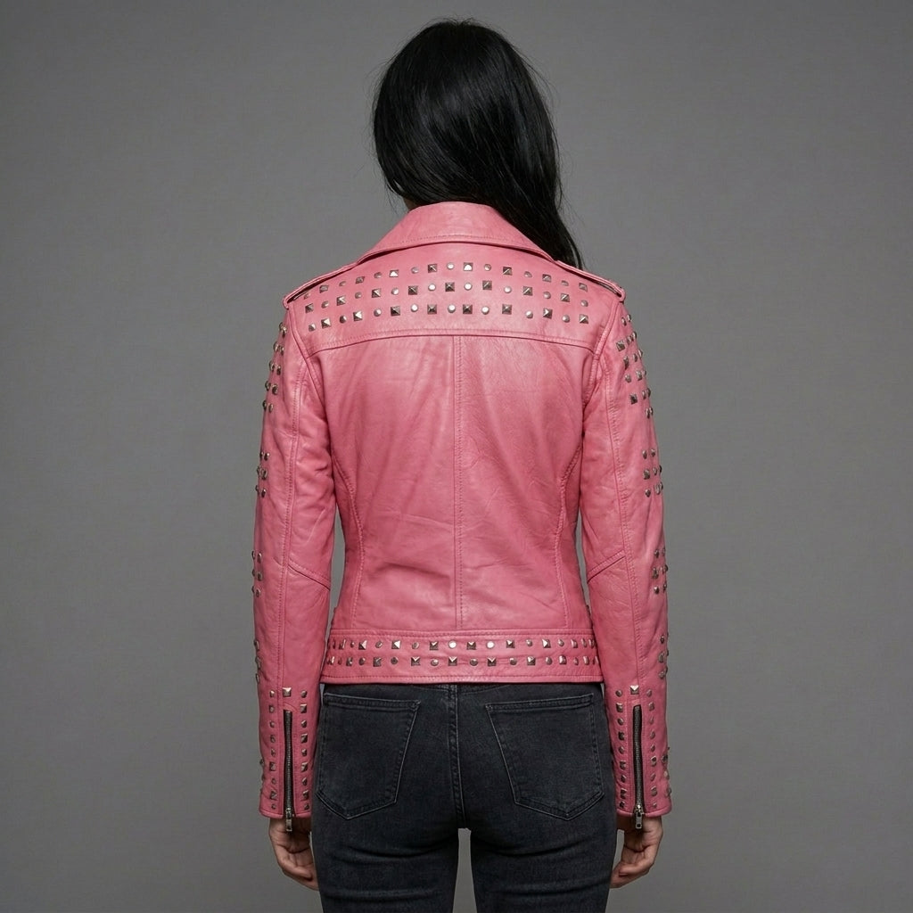 Blush Pink Studded Genuine Leather Biker Jacket for Women