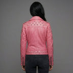 Blush Pink Studded Genuine Leather Biker Jacket for Women