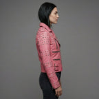 Blush Pink Studded Genuine Leather Biker Jacket for Women