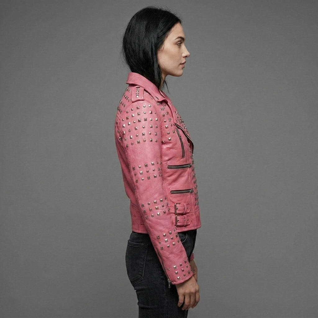 Blush Pink Studded Genuine Leather Biker Jacket for Women