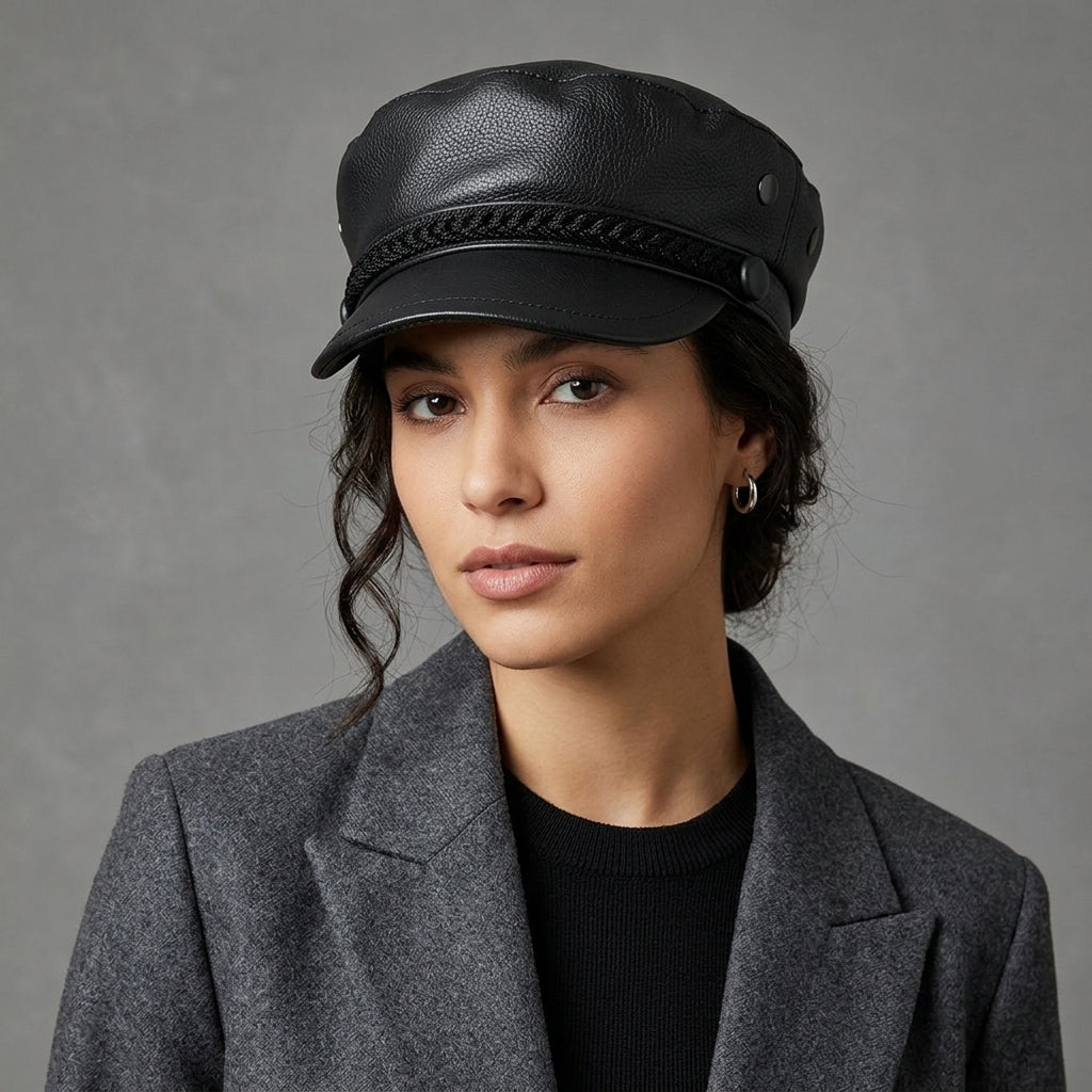 Braided Baker Boy Leather Cap Black