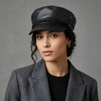 Braided Baker Boy Leather Cap Black