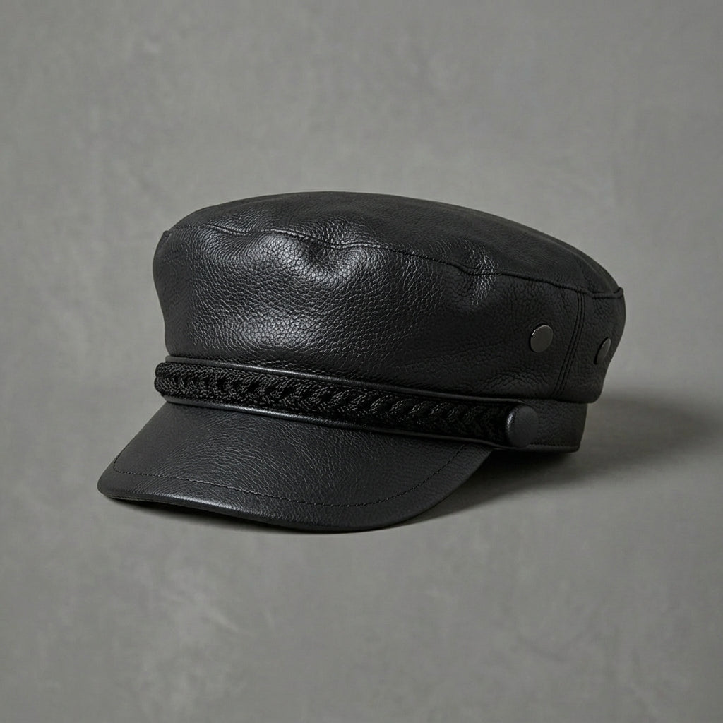 Braided Baker Boy Leather Cap Black
