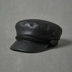 Braided Baker Boy Leather Cap Black