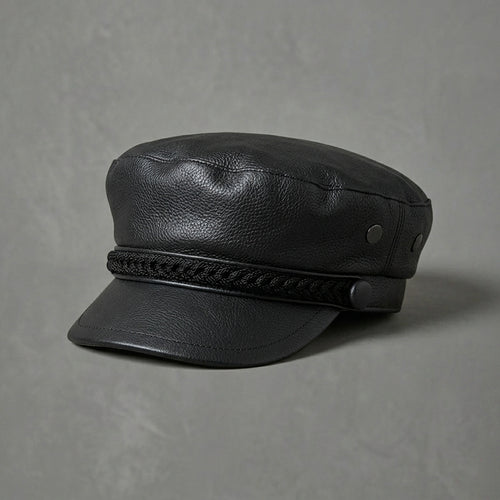 Braided Baker Boy Leather Cap Black
