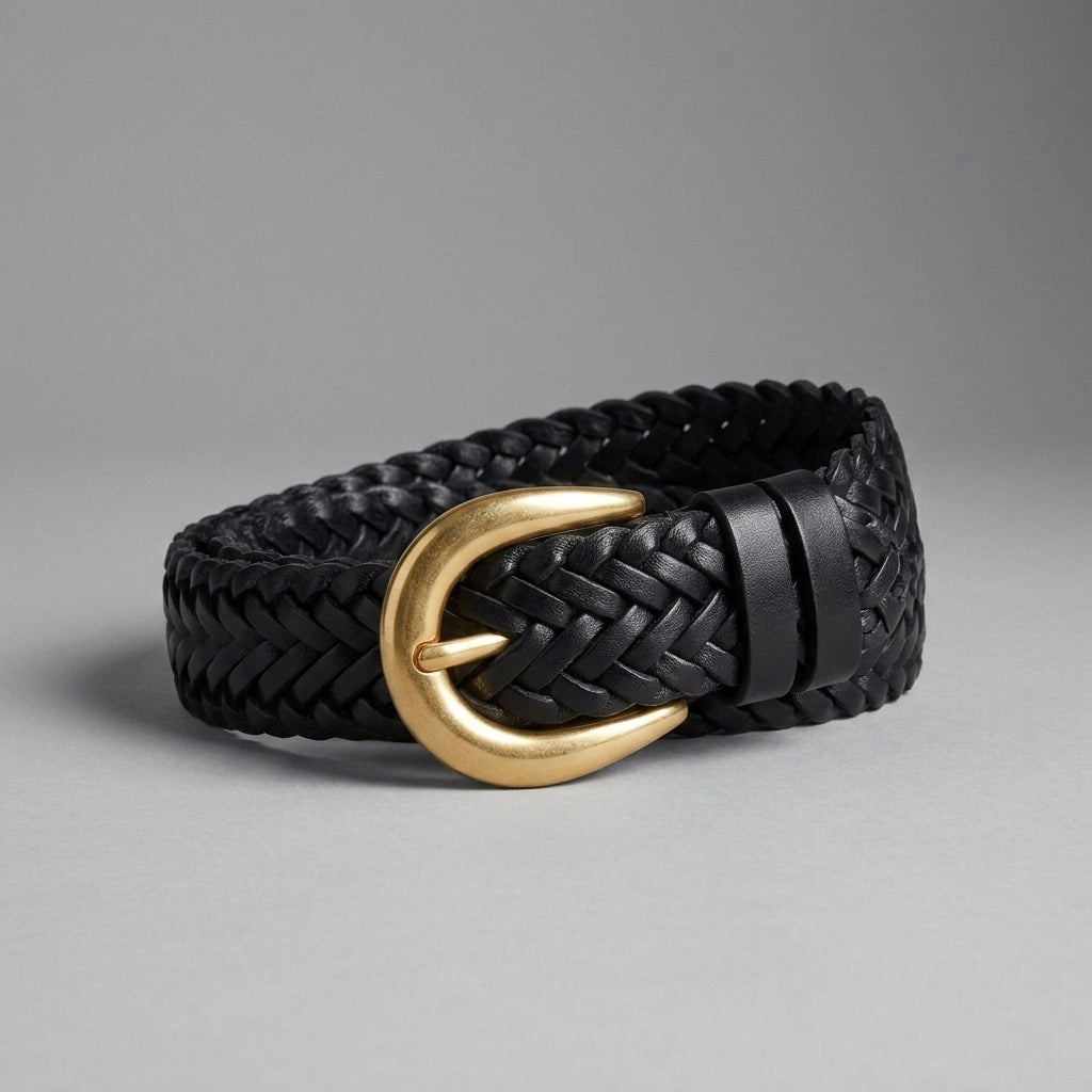 Braided Black Leather Belt with Gold Buckle
