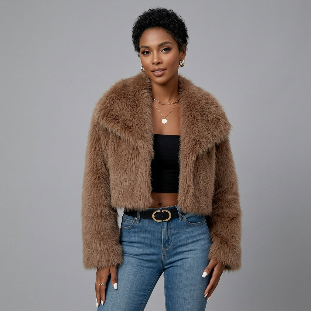 Brown Cropped Faux Fur Jacket