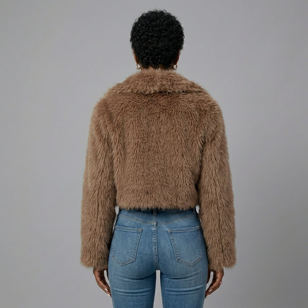 Brown Cropped Faux Fur Jacket