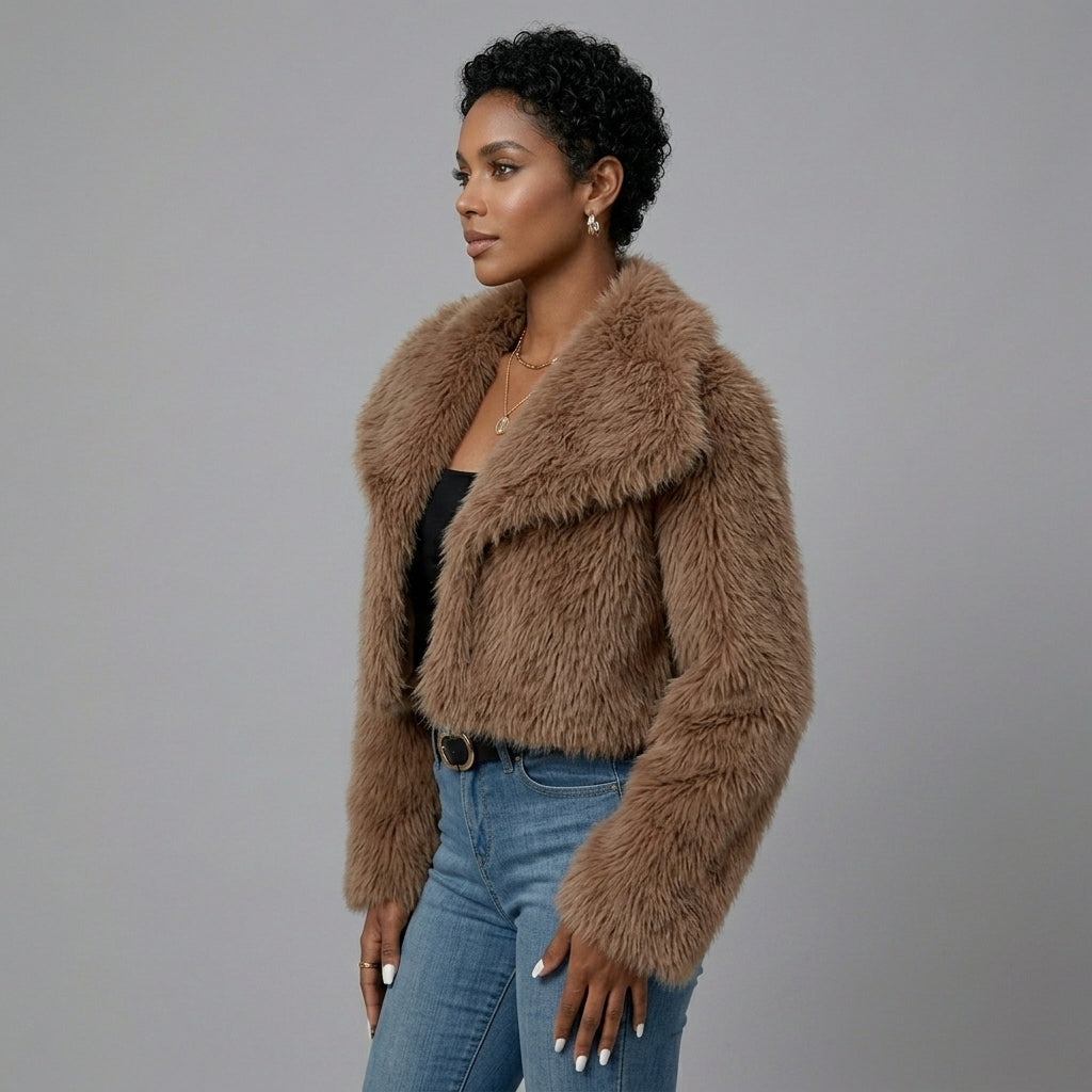 Brown Cropped Faux Fur Jacket