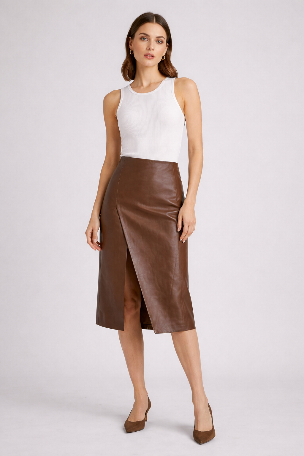 Brown Faux Leather Midi Skirt