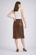 Brown Faux Leather Midi Skirt