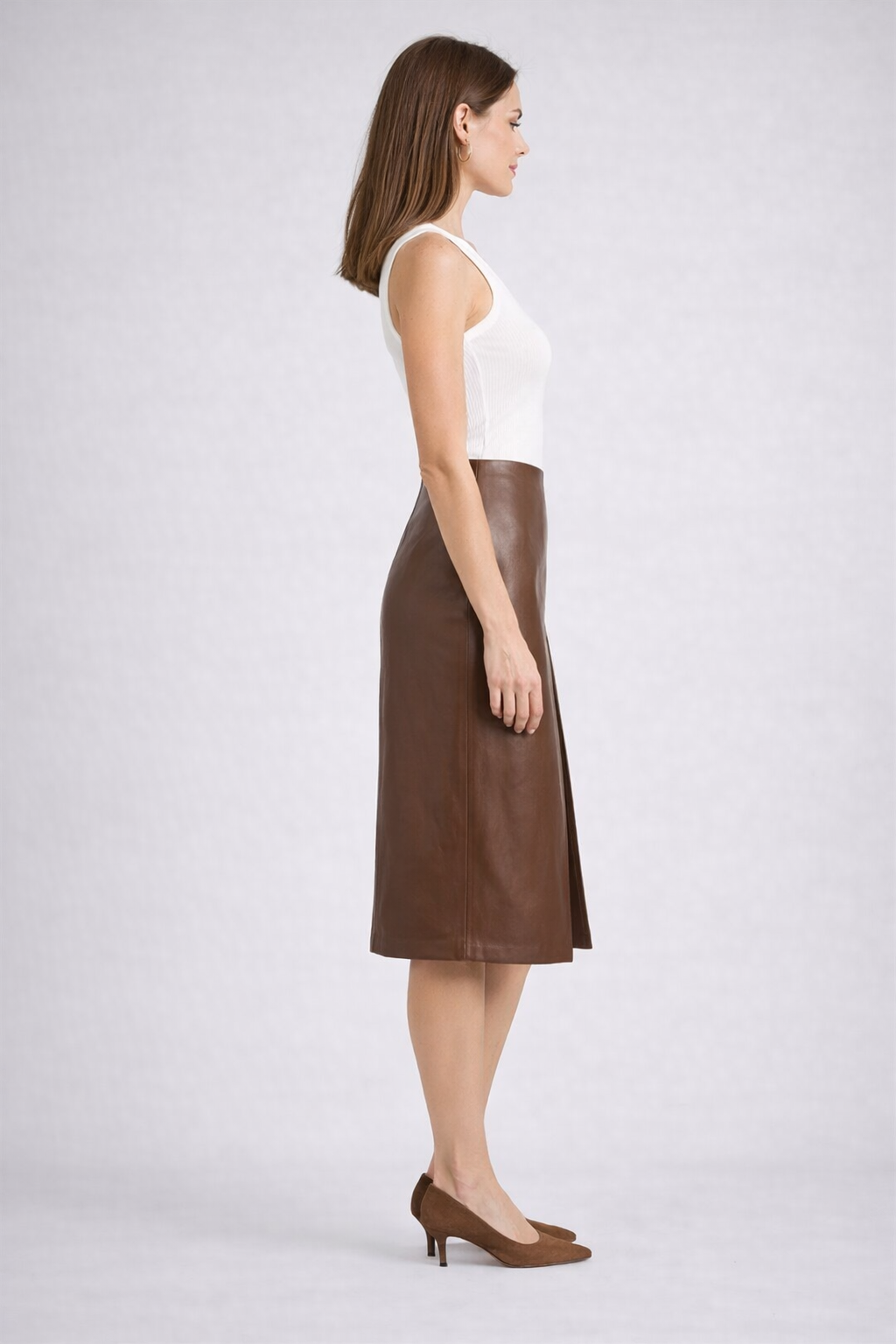 Brown Faux Leather Midi Skirt