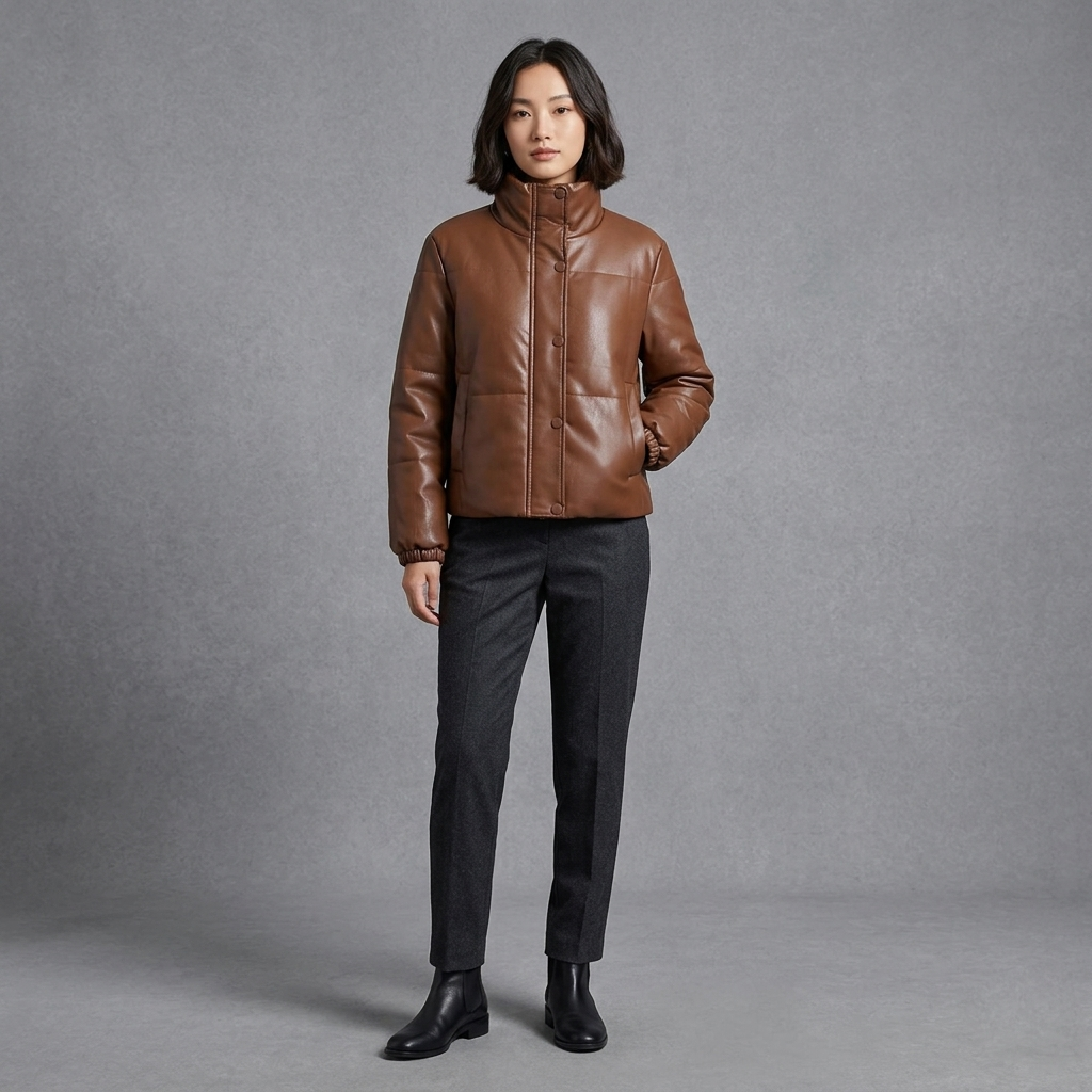 Brown Faux Leather Puffer Jacket