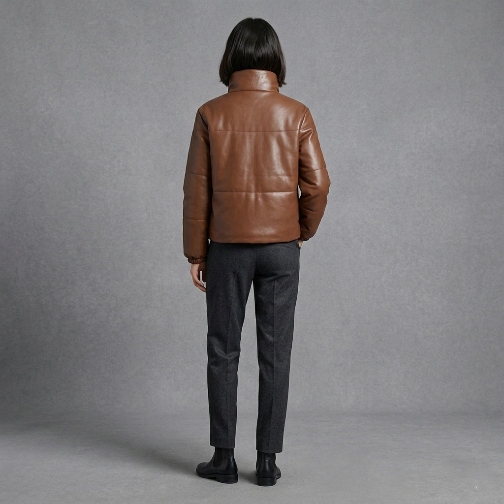 Brown Faux Leather Puffer Jacket