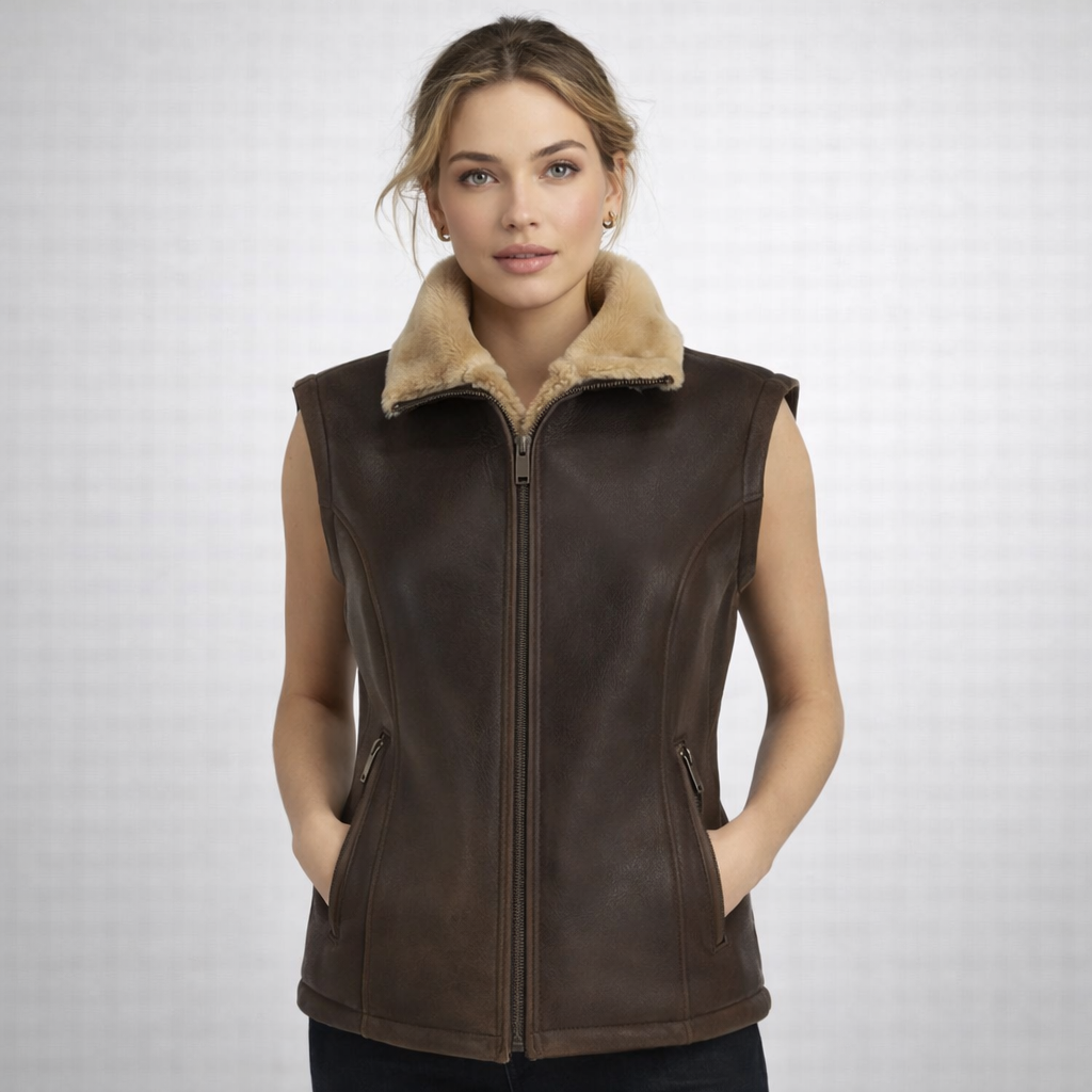 Brown Shearling-Lined Leather Vest for Women