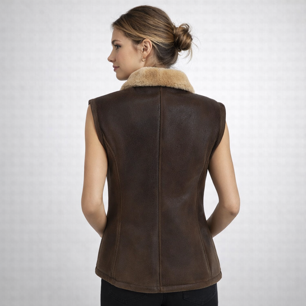 Brown Shearling-Lined Leather Vest for Women