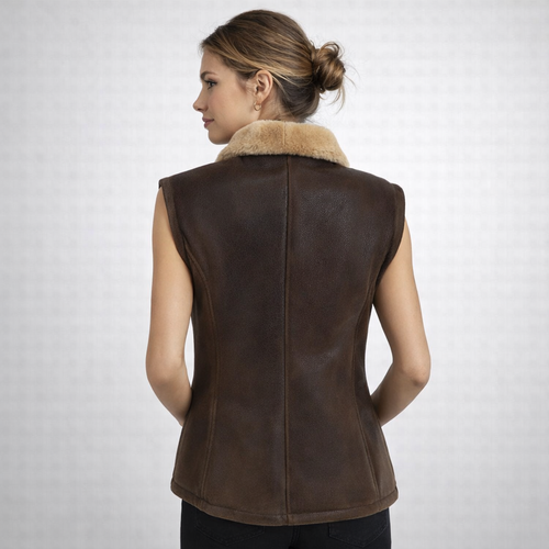 Brown Shearling-Lined Leather Vest for Women