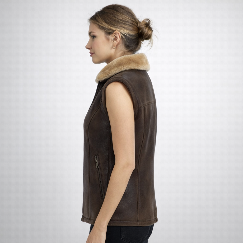 Brown Shearling-Lined Leather Vest for Women