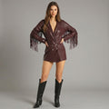 Burgundy Faux Leather Fringe Romper for Women