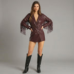 Burgundy Faux Leather Fringe Romper for Women