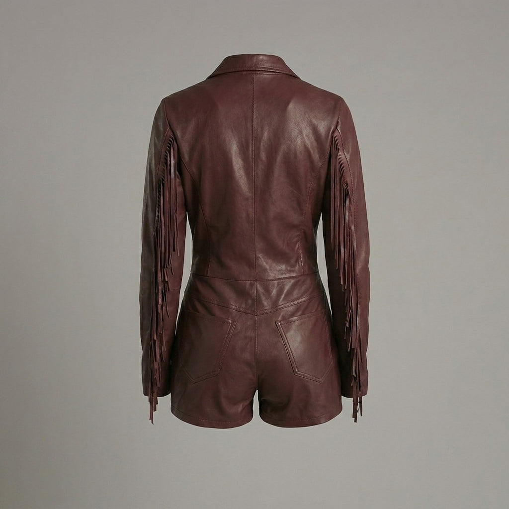 Burgundy Faux Leather Fringe Romper for Women