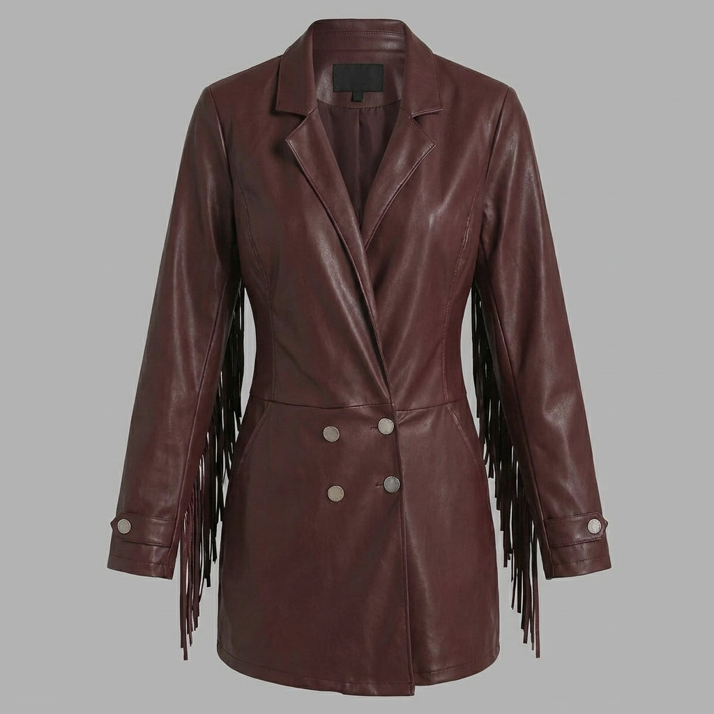 Burgundy Faux Leather Fringe Romper for Women