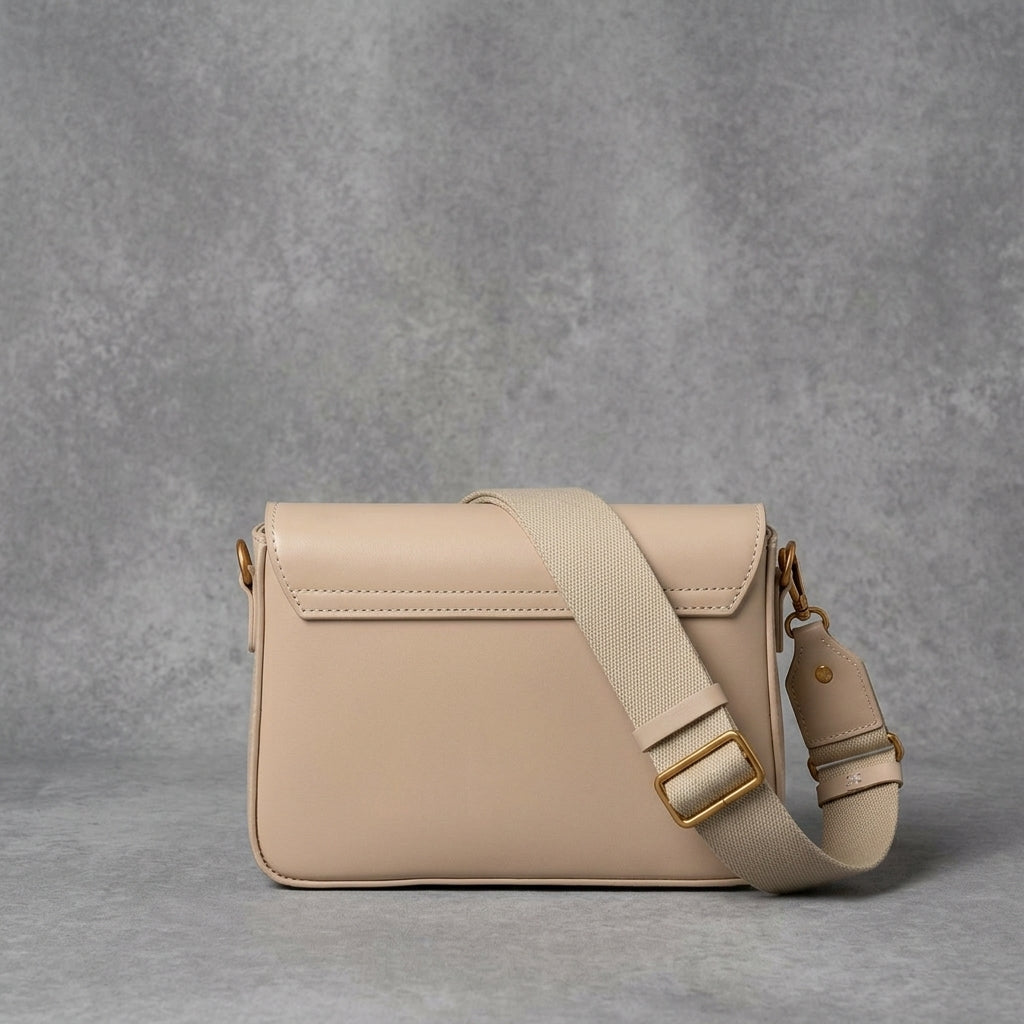 Beige Structured Box Bag with Gold Clasp Detail