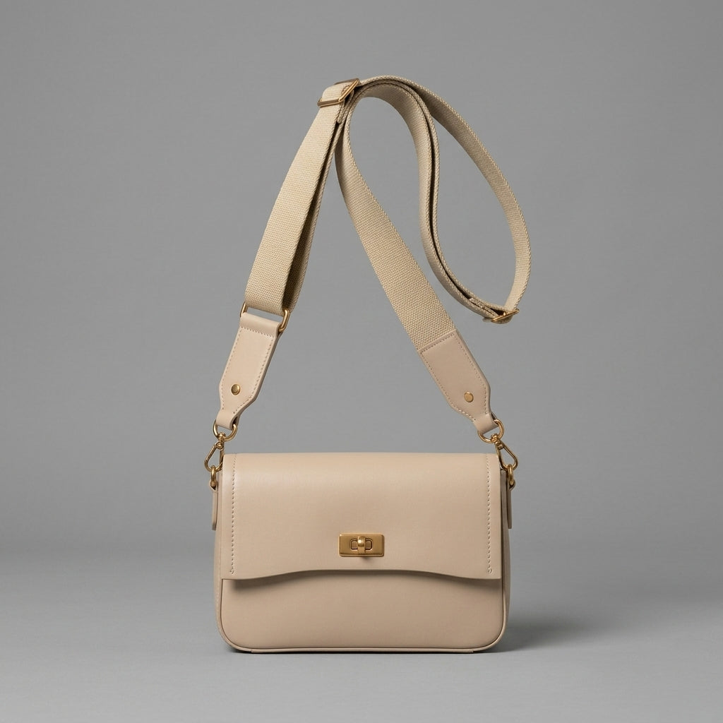 Beige Structured Box Bag with Gold Clasp Detail