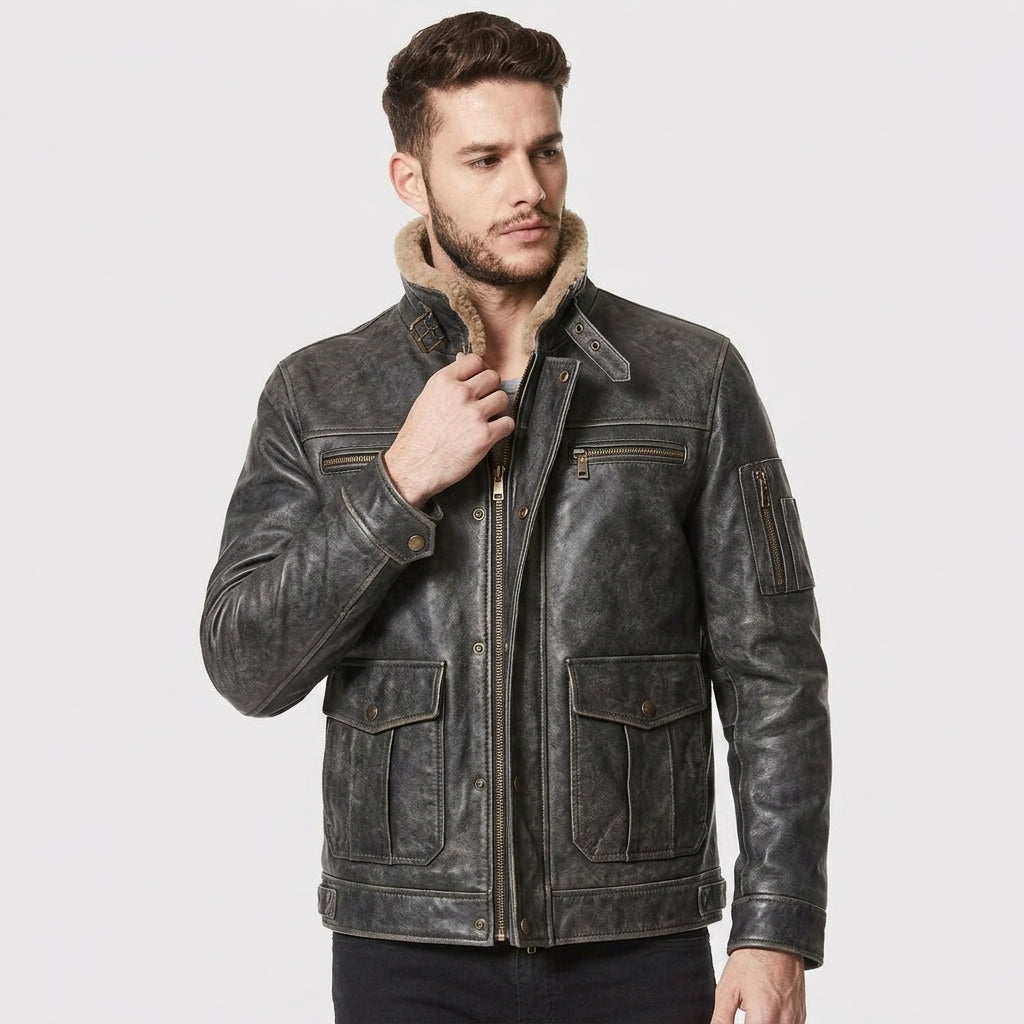Men’s Air Force Aviator Leather Jacket with Fur Collar