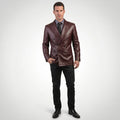 Men’s Burgundy Leather Double-Breasted Blazer
