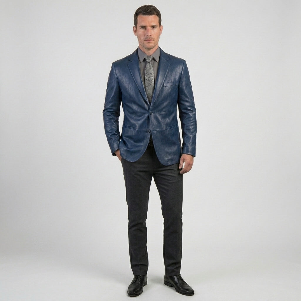 Men’s Archie Blue Leather Blazer Coat – Slim Fit Designer Style