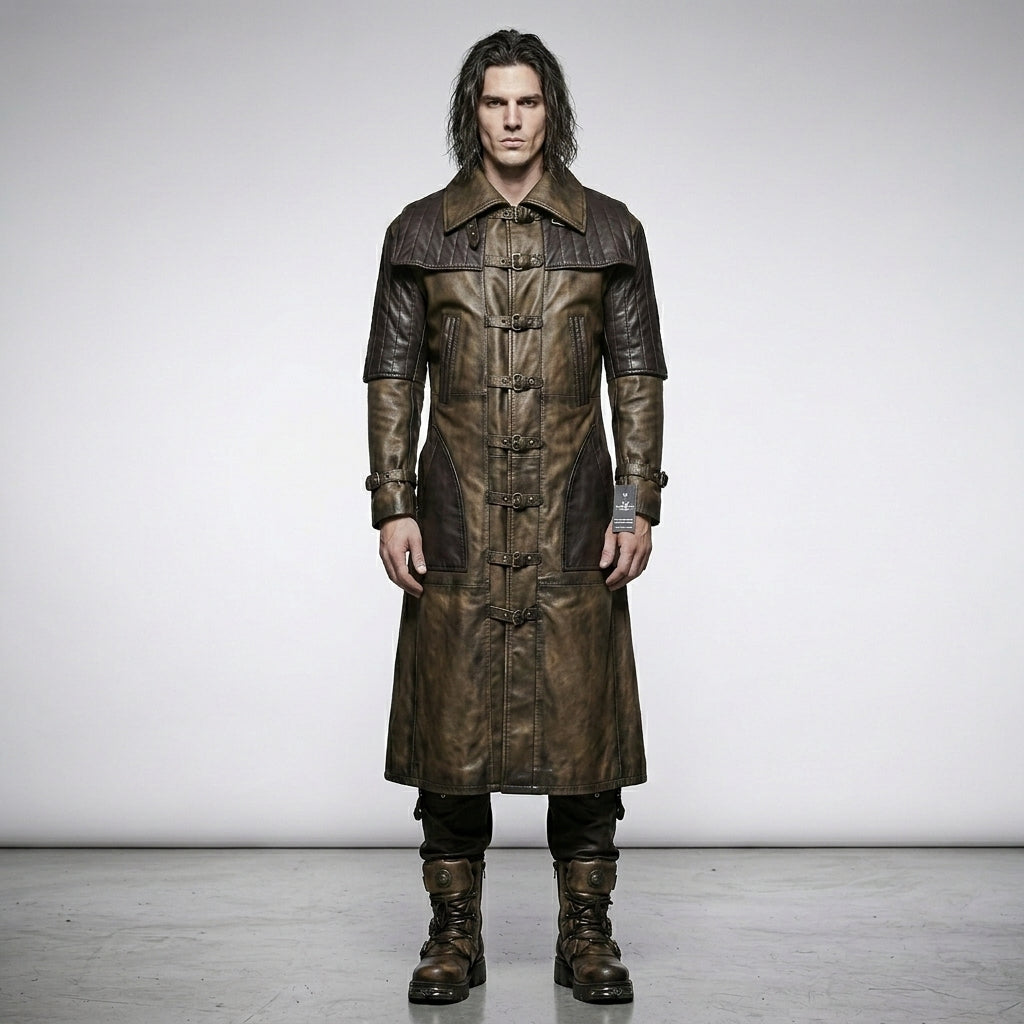 Men’s Punk Rave Steampunk Gothic Brown Leather Long Coat –