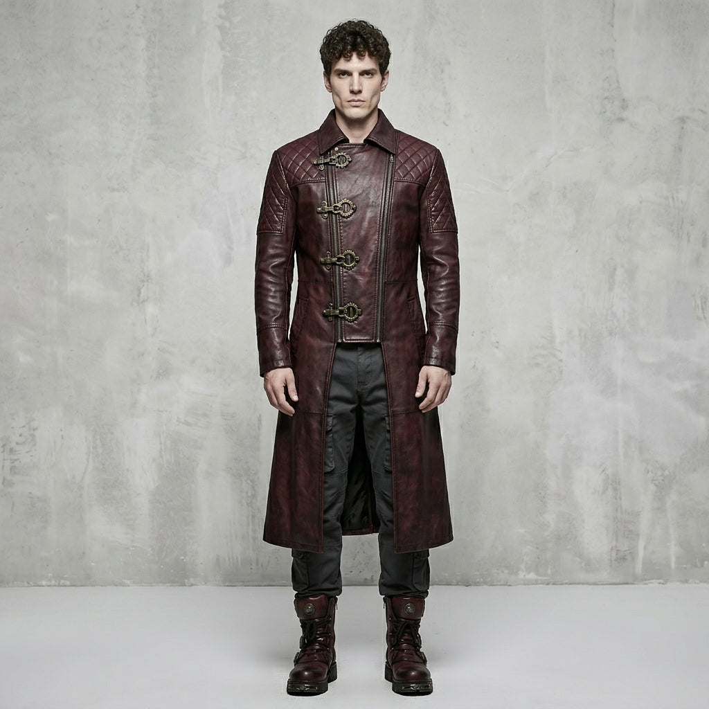 Men’s Maroon Gothic Leather Trench Coat – Quilted Shoulder Steampunk Style