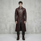 Men’s Maroon Gothic Leather Trench Coat – Quilted Shoulder Steampunk Style
