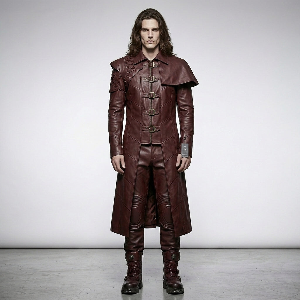 Men’s Devil Fashion Burgundy Gothic Faux Leather Trench Coat