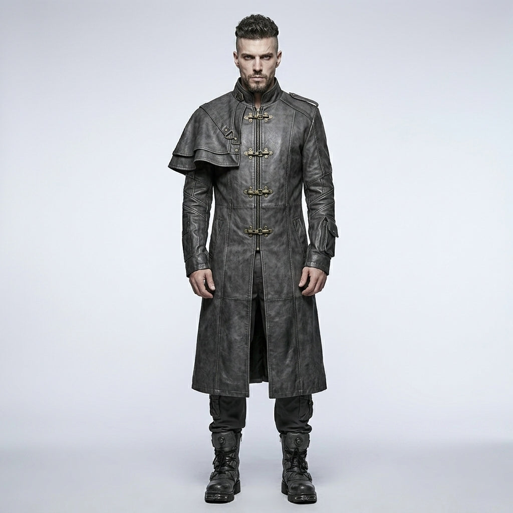 Men’s Devil Fashion Black Gothic Leather Trench Coat – Steampunk Long Coat Style