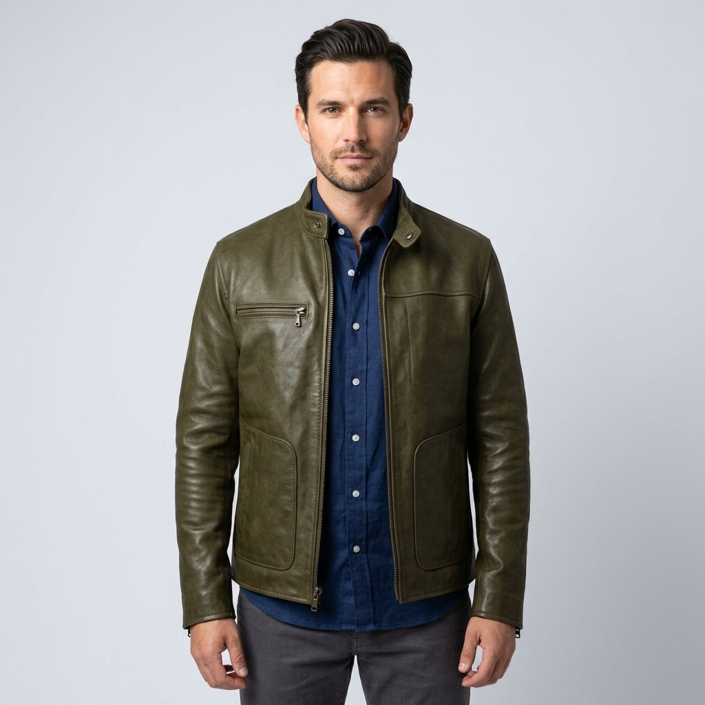 Men’s Olive Green Café Racer Leather Jacket