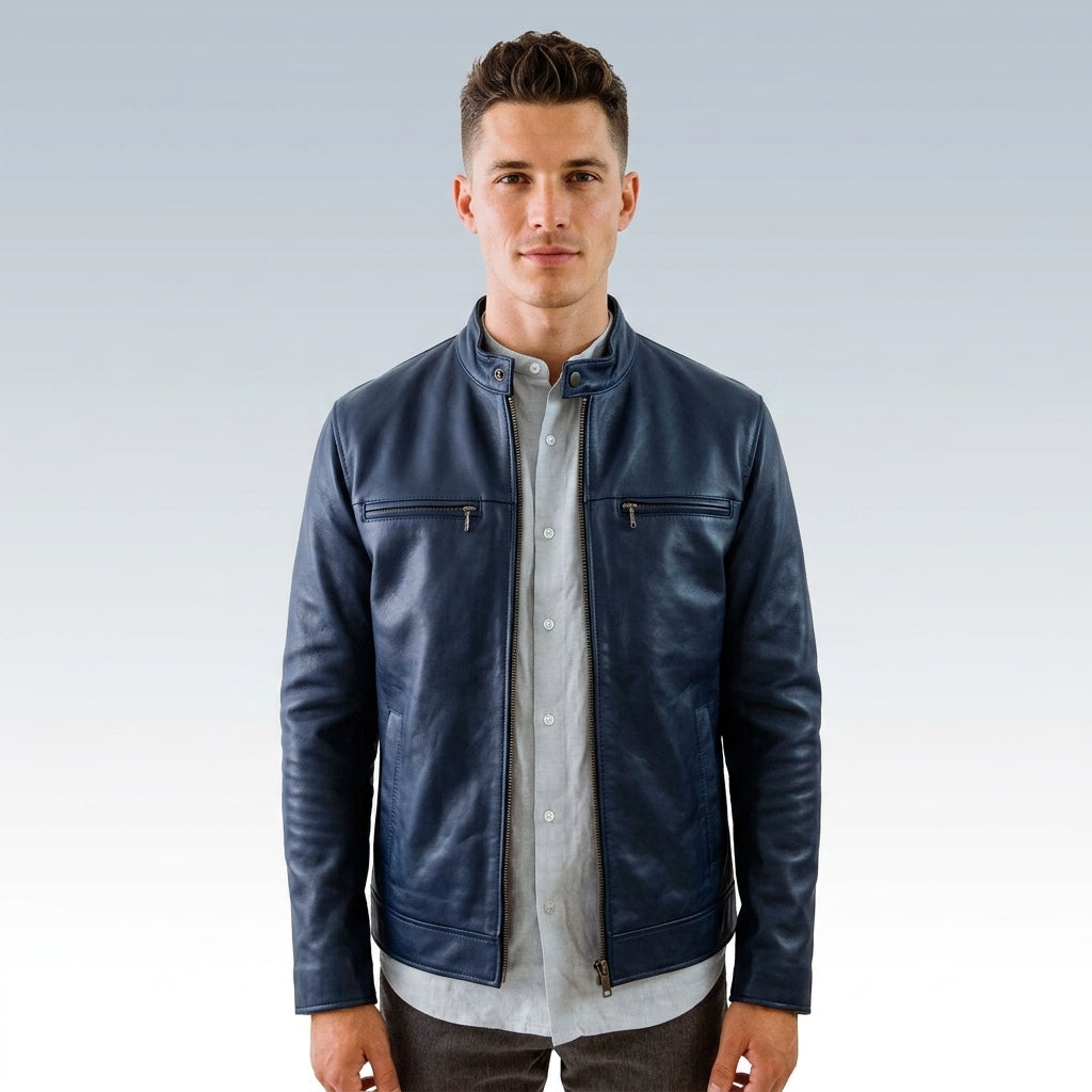 Men’s Slim-Fit Blue Leather Field Jacket