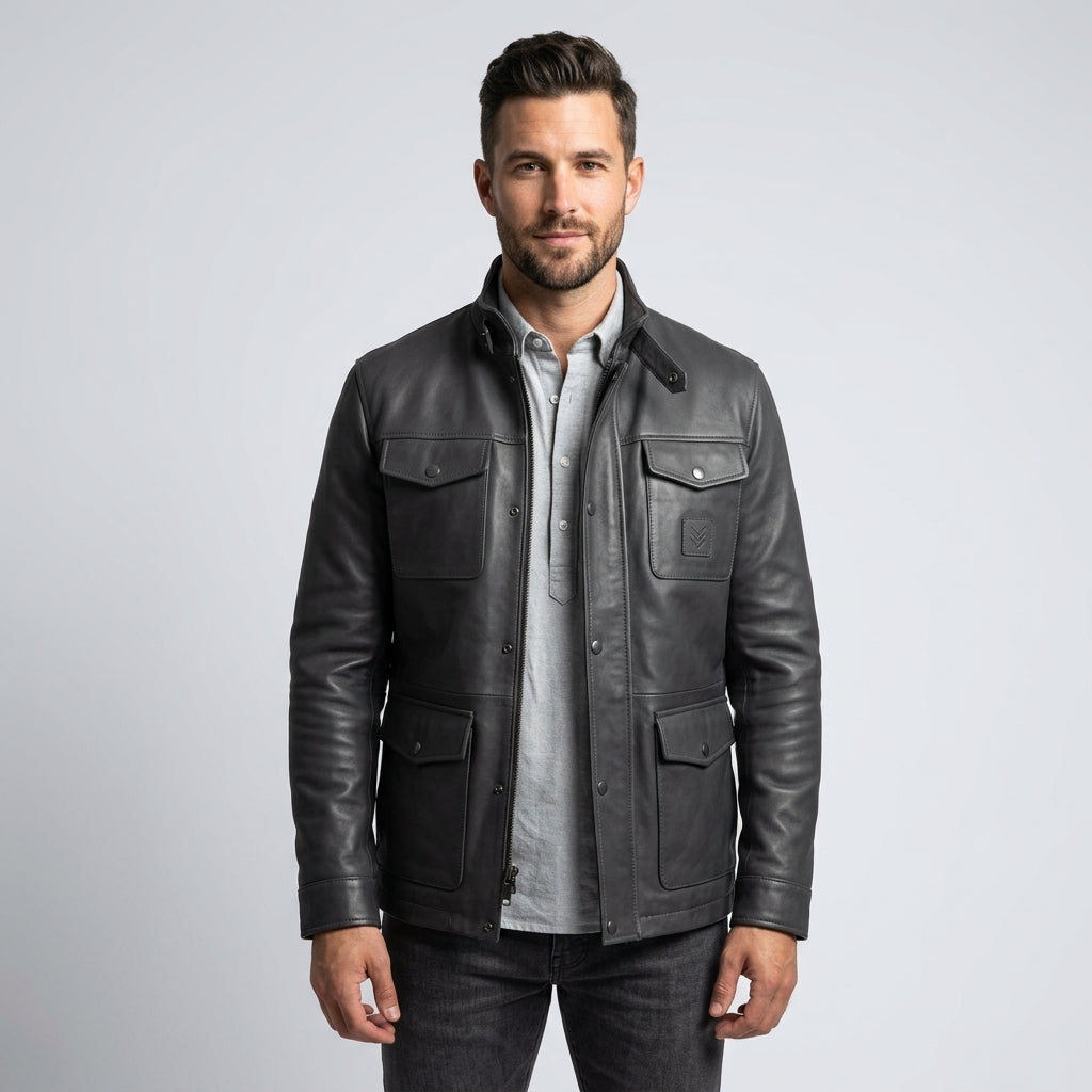 Men’s Gray Leather Utility Jacket