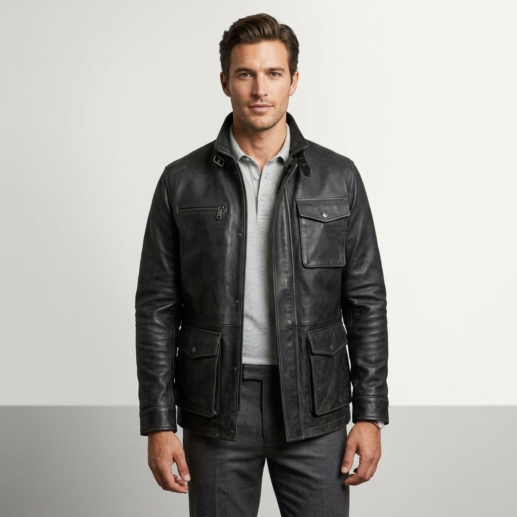 Men’s Classic Black Leather Field Jacket