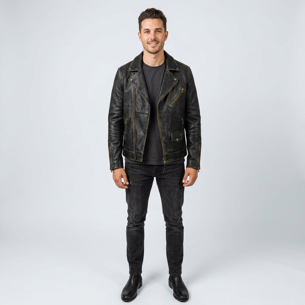Men’s Black Vintage Rocker Leather Perfecto Jacket