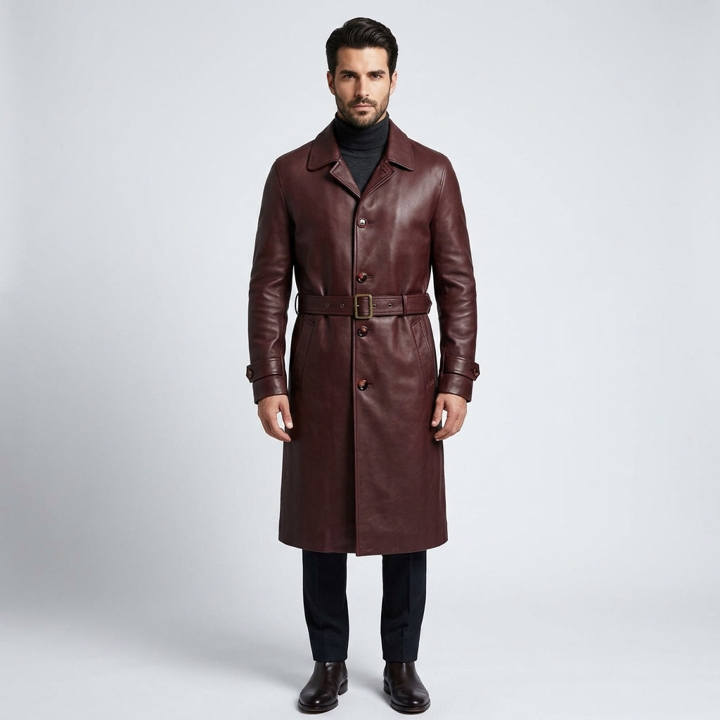 Men’s Maroon Shearling Sheepskin Leather Trench Coat with Belt
