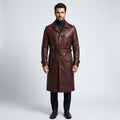 Men’s Maroon Shearling Sheepskin Leather Trench Coat with Belt