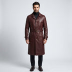 Men’s Maroon Shearling Sheepskin Leather Trench Coat with Belt